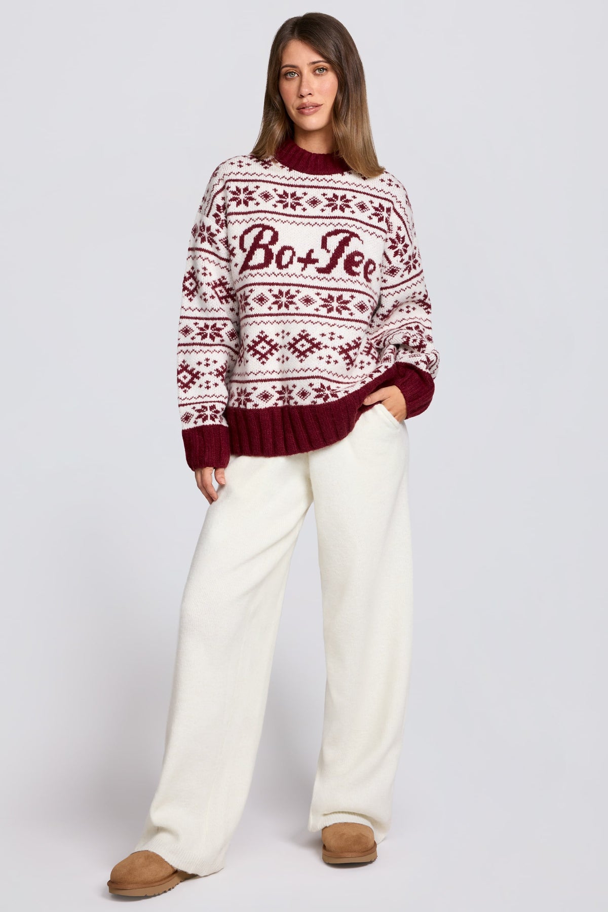 Jacquard-Knit Oversized Jumper in Crimson Red