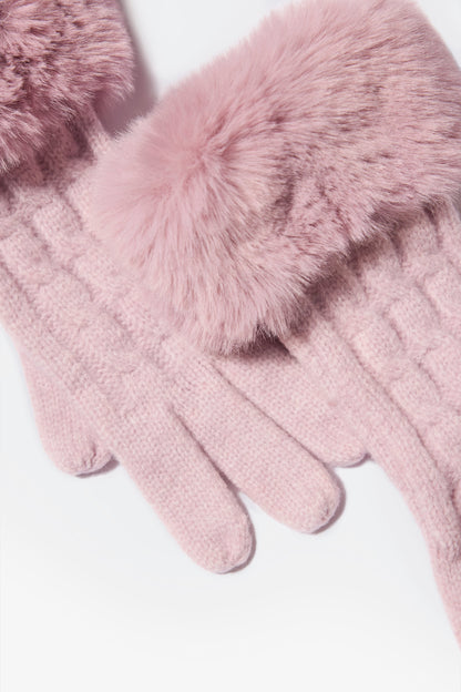 Knit Faux-Fur Cuff Gloves in Powder Pink