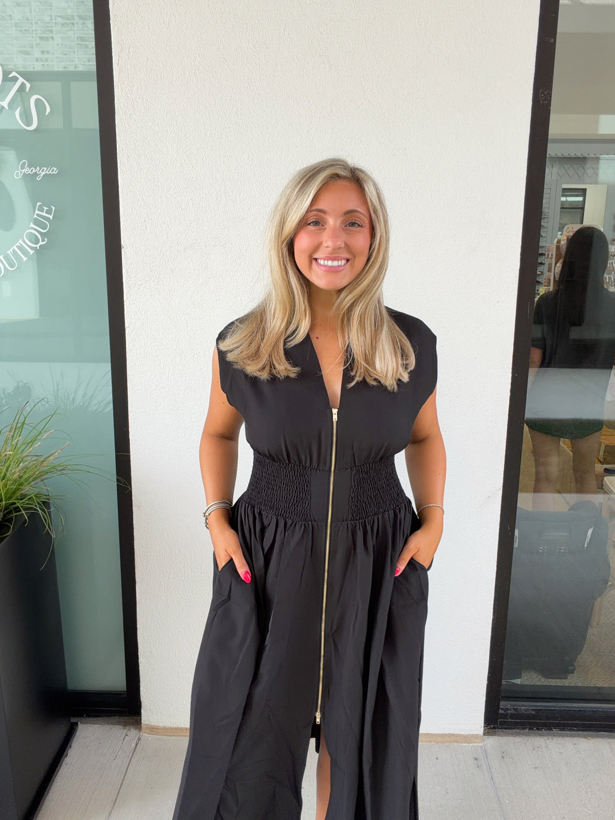 Madison Zip Smocked Waist Midi Dress