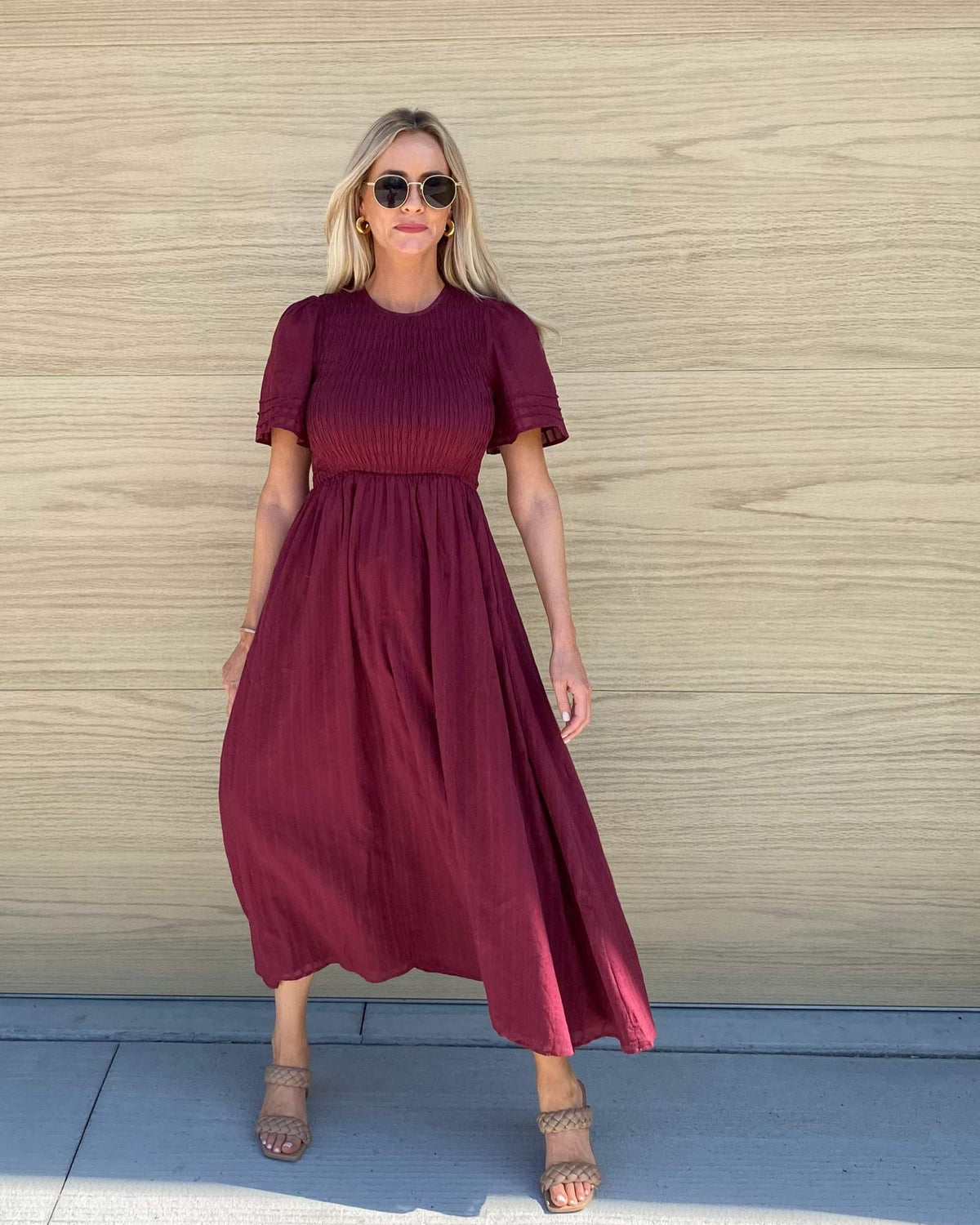 Iolana Dress Wine | Women's Cotton Smock Midi Dress