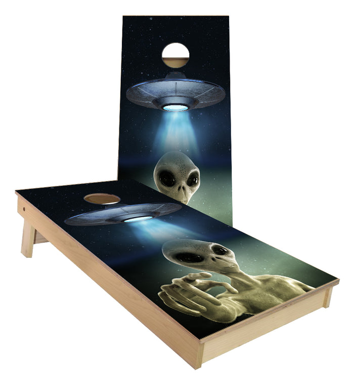Alien beemed down from UFO outer space cornhole boards