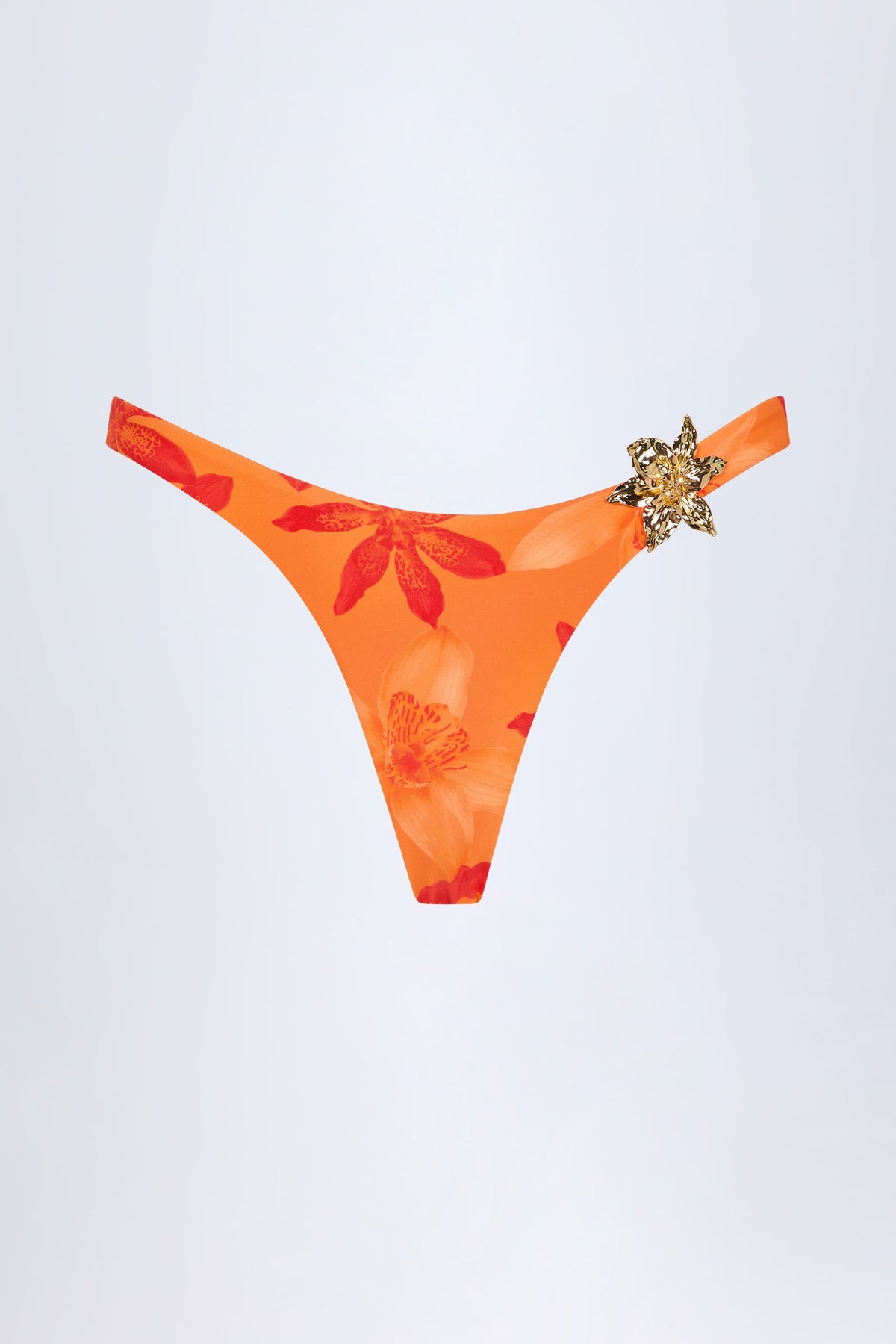 Hardware-Detail Cheeky Bikini Bottoms in Orange Orchid Print