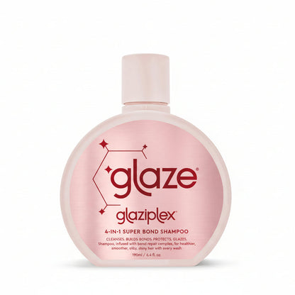 Bottle of glaziplex shampoo on a light pink background