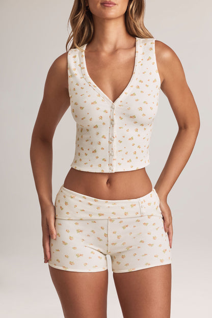 Modal Ribbed Button-Up Vest Top in Floral Print