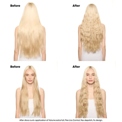 Before and after using L'Oréal Professionnel Tecni.Art Flex Waves Salt Spray showing defined beach waves and added texture