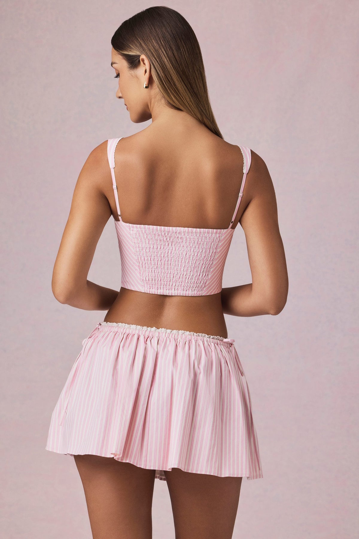 Ruched Drawstring Mini Skirt in Soft Mauve Stripe