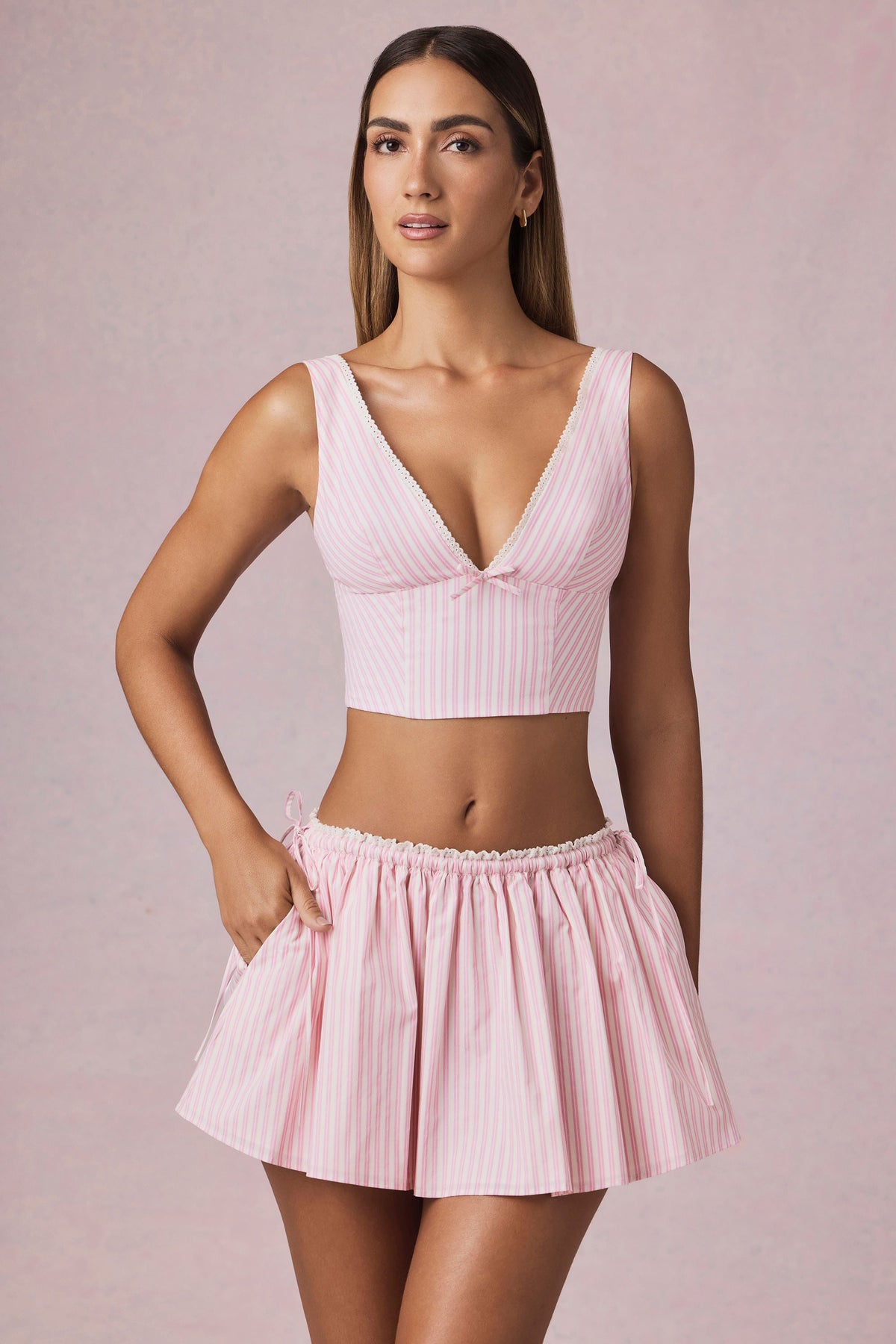 Ruched Drawstring Mini Skirt in Soft Mauve Stripe