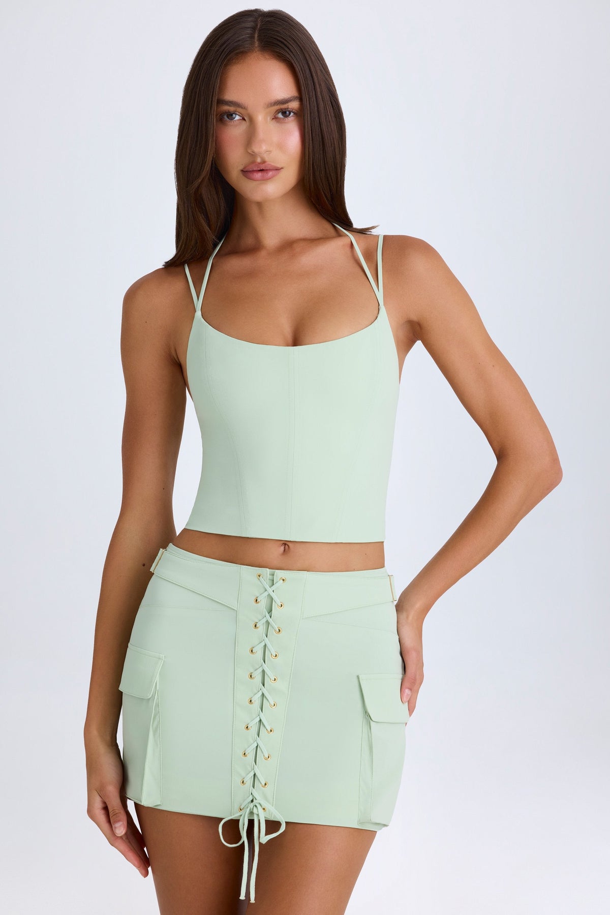 Lace-Up Cargo Micro Mini Skirt in Green