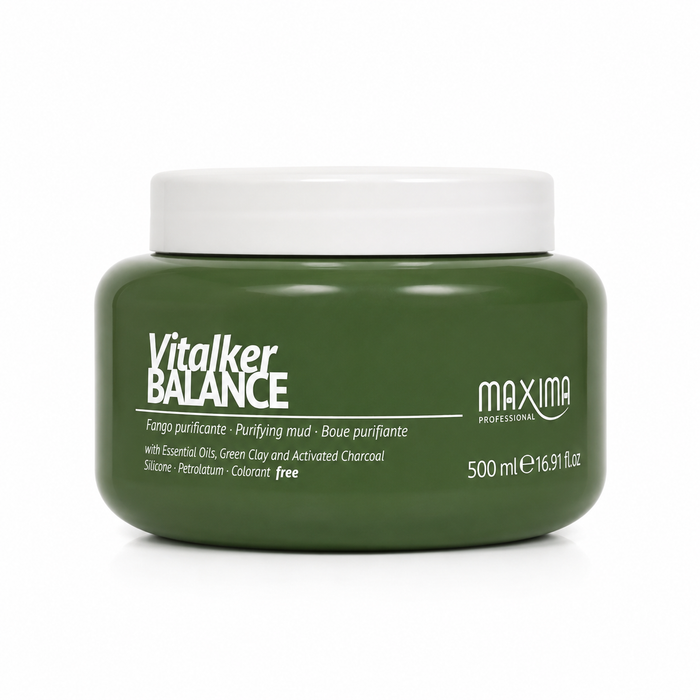 Maxima VitalKer Balance Purifying Mud 500ml professional detox scalp treatment with green clay, activated charcoal and essential oils. Deep cleansing purifying mud mask that removes excess oil, impurities and product build-up while refreshing the scalp and promoting a healthy environment for stronger, healthier hair.