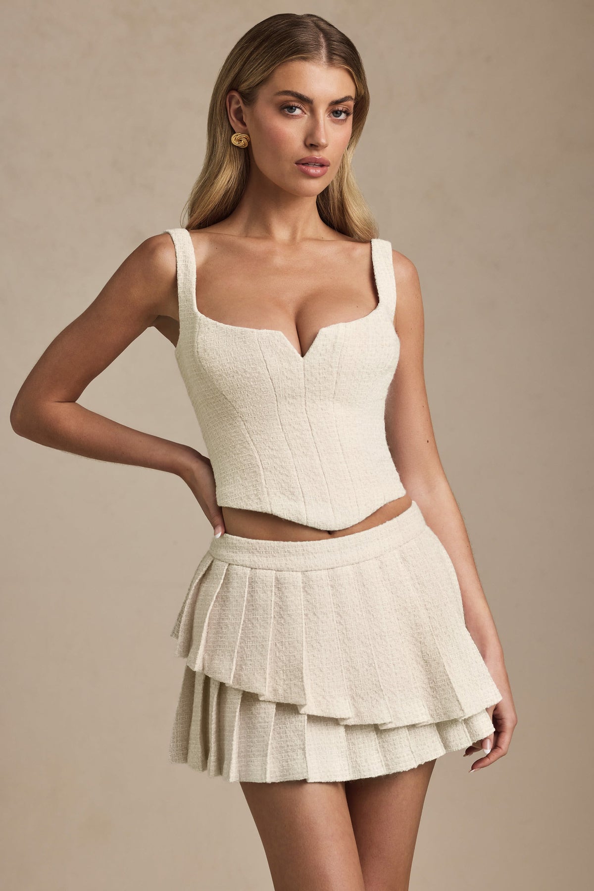 Layered Pleated Low-Rise Mini Skirt in Ivory