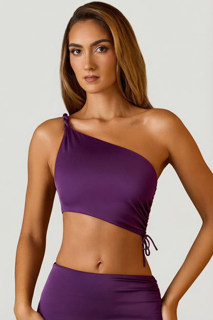 Ruched Asymmetric Crop Top in Plum
