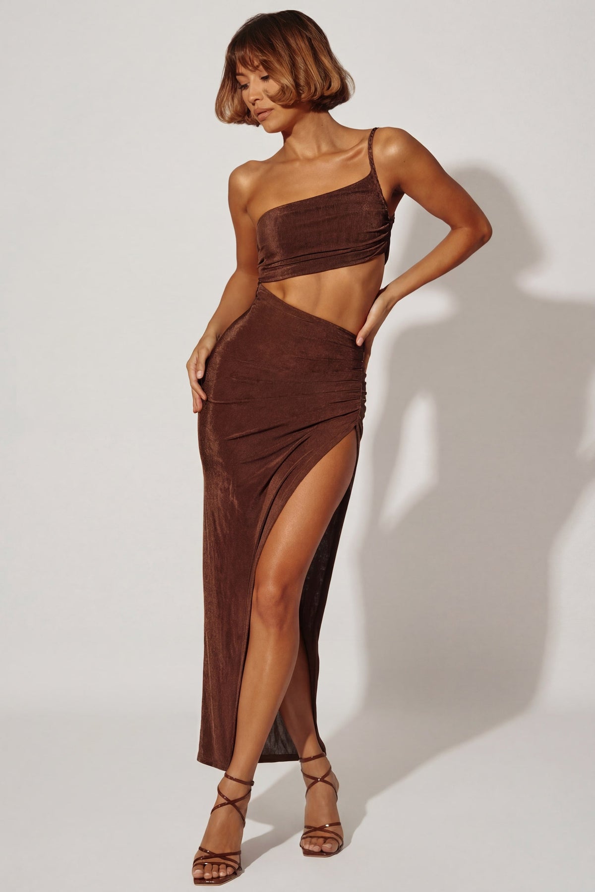 One Shoulder Cut Out Maxi Dress in Brown