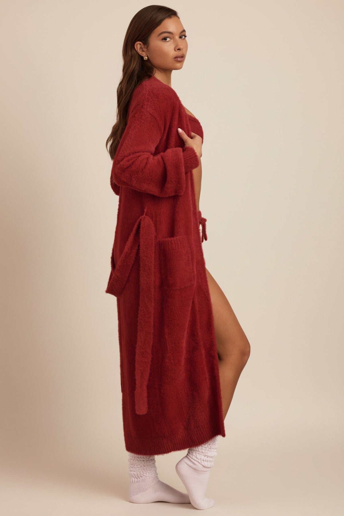 Fluffy Knit Longline Cardigan in Ruby Red