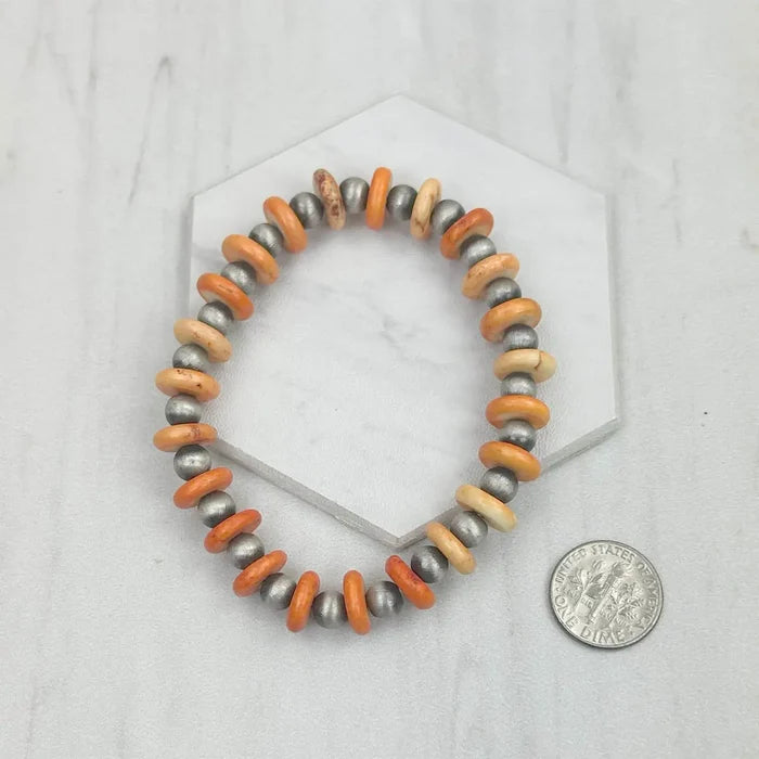 Orange Bead and Silver Navajo Inspired Pearl Stretch Bracelet