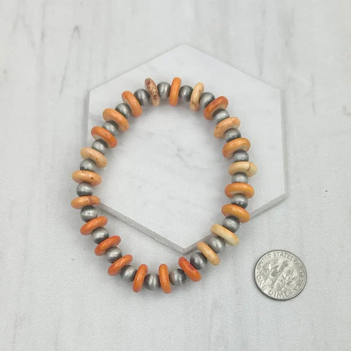 Orange Bead and Silver Navajo Inspired Pearl Stretch Bracelet