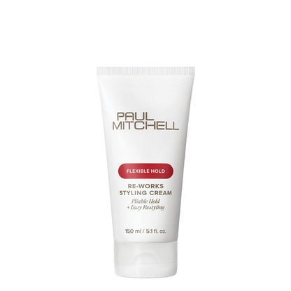 Paul Mitchell Re-Works Styling Cream 150ml white tube on a clean white background, offering flexible, pliable hold and easy restyling.