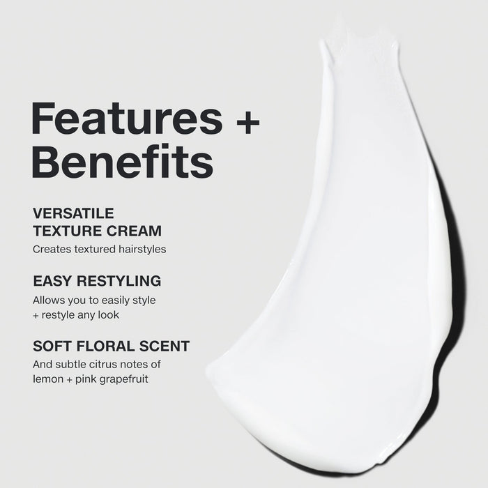 Paul Mitchell Re-Works Styling Cream benefits graphic with cream swatch, featuring versatile texture, easy restyling and a soft citrus-floral scent.