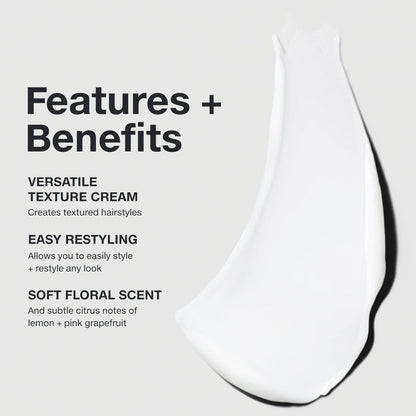 Paul Mitchell Re-Works Styling Cream benefits graphic with cream swatch, featuring versatile texture, easy restyling and a soft citrus-floral scent.
