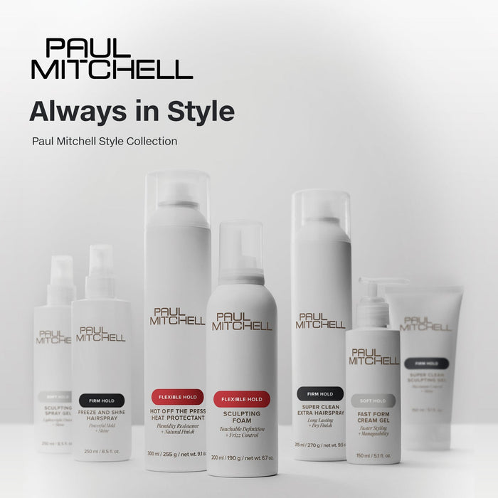 Paul Mitchell Style Collection white hair products on a soft grey studio background, offering soft, flexible and firm styling hold.