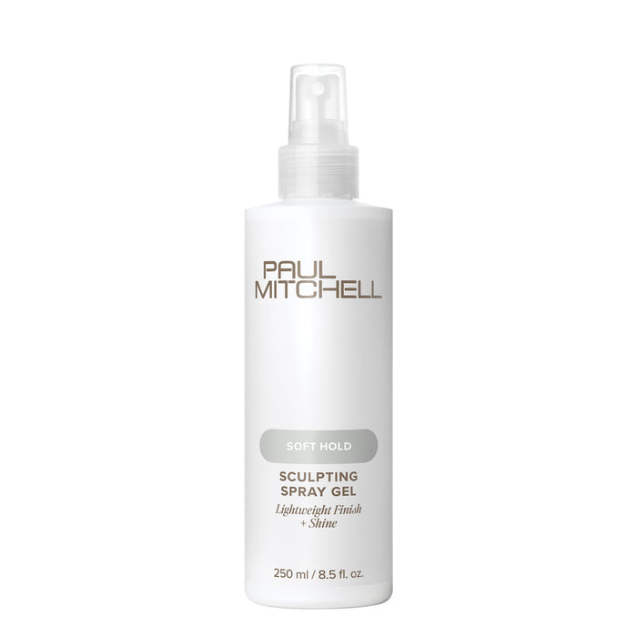 Paul Mitchell Sculpting Spray Gel 250ml white spray bottle on a clean white background, offering soft hold, lightweight body and shine.