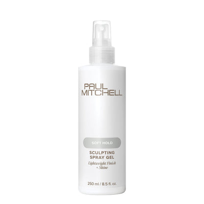 Paul Mitchell Sculpting Spray Gel 250ml white spray bottle on a clean white background, offering soft hold, lightweight body and shine.
