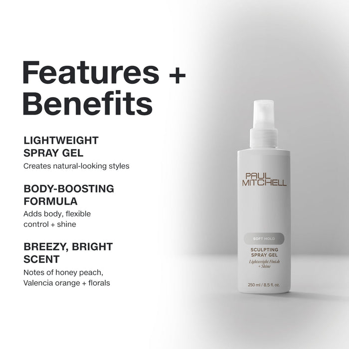 Paul Mitchell Sculpting Spray Gel 250ml on a soft grey background, highlighting natural-looking body, flexible control, shine and a bright scent.