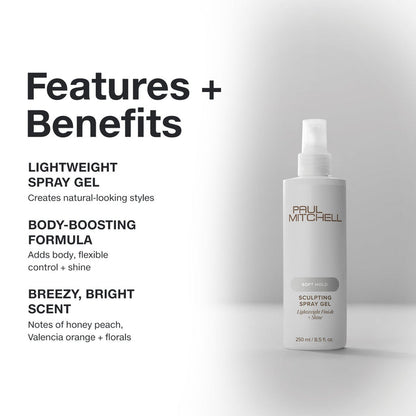 Paul Mitchell Sculpting Spray Gel 250ml on a soft grey background, highlighting natural-looking body, flexible control, shine and a bright scent.