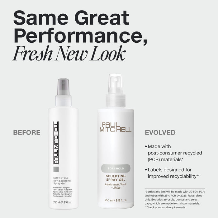 Old and new Paul Mitchell Sculpting Spray Gel packaging on a pale grey background, highlighting improved recyclability and the same performance.