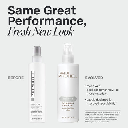 Old and new Paul Mitchell Sculpting Spray Gel packaging on a pale grey background, highlighting improved recyclability and the same performance.