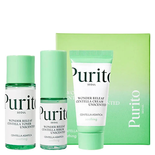 Purito skincare product set including toner, serum, cream, and packaging on a white background