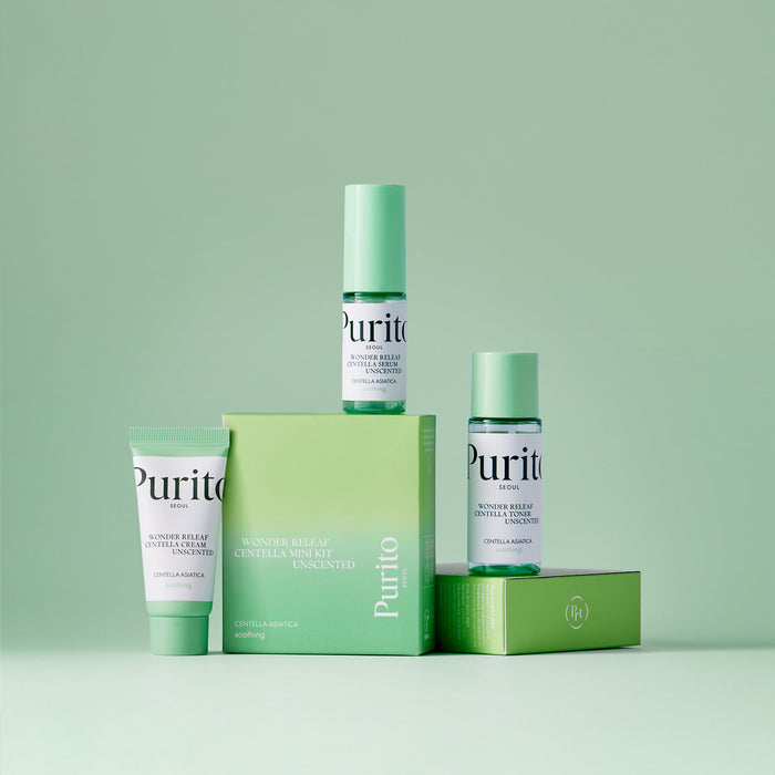 Purito skincare products on a green background