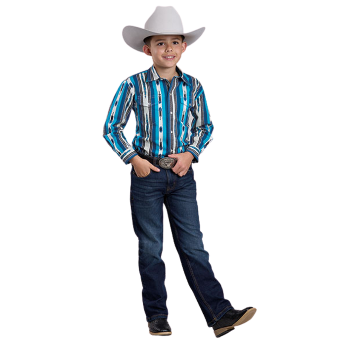 Roper Vintage Boy's L/S Vintage Aztec Western Snap Shirt in Blue