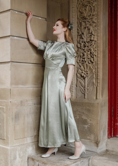 1940s 'Girl Friday' Midi Dress - Sage Satin