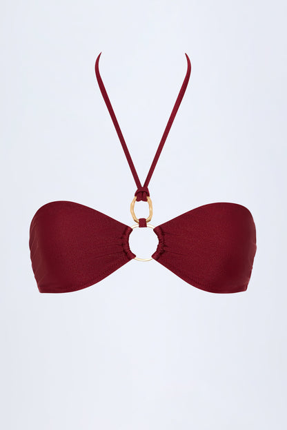 Hardware-Detail Ruched Halterneck Bikini Top in Dark Cherry
