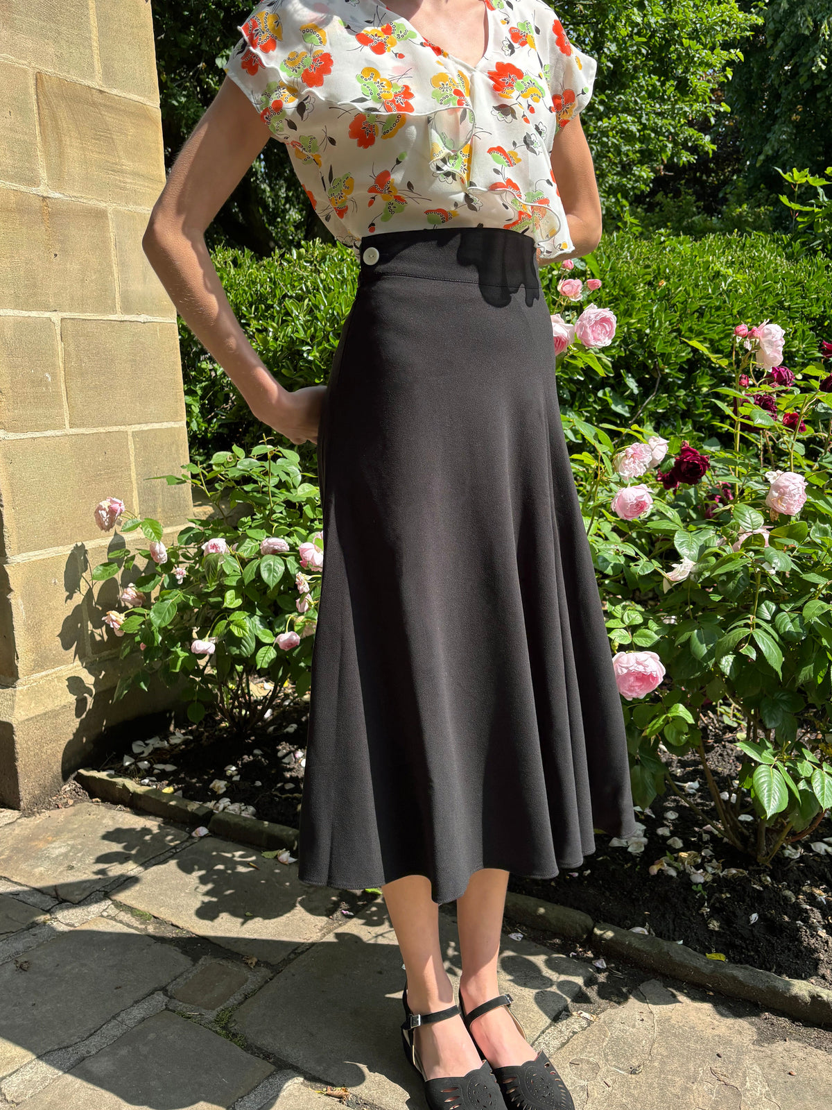 1930s Swirl Skirt - Black Crepe
