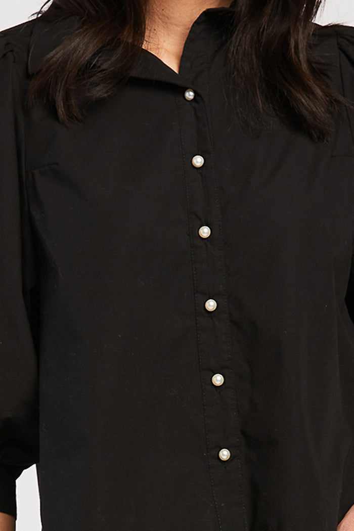 Teegan 3/4 Puff Sleeve Pearl Button Down Top Shirred Shoulder Top