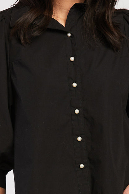 Teegan 3/4 Puff Sleeve Pearl Button Down Top Shirred Shoulder Top