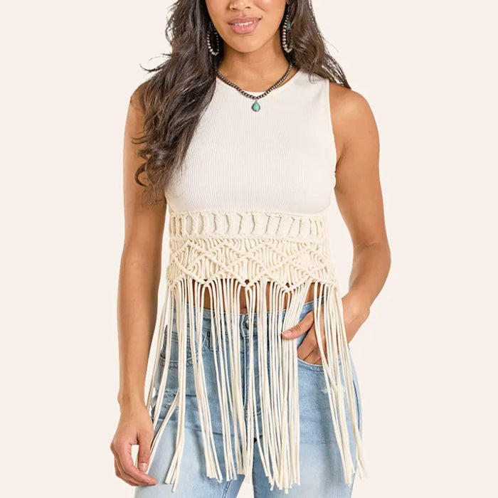 Women's Rock & Roll Denim Macrame Fringe Top in Natural