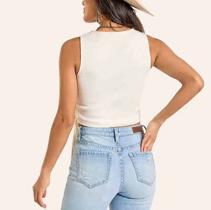 Women's Rock & Roll Denim Macrame Fringe Top in Natural