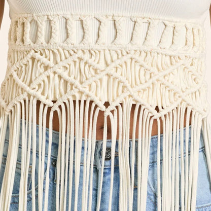 Women's Rock & Roll Denim Macrame Fringe Top in Natural