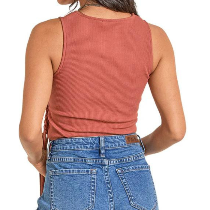 Women's Rock & Roll Denim Macrame Fringe Top in Rust