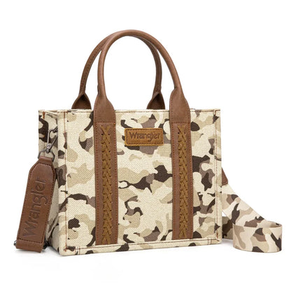 Wrangler Dual Sided Camo Print Small Canvas Tote/Crossbody in Camo Brown