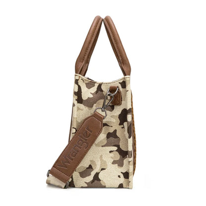 Wrangler Dual Sided Camo Print Small Canvas Tote/Crossbody in Camo Brown