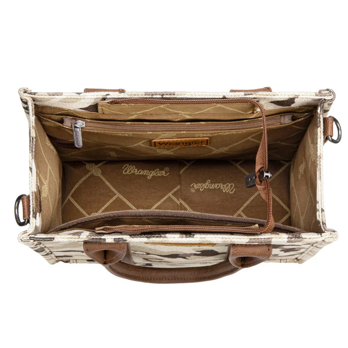 Wrangler Dual Sided Camo Print Small Canvas Tote/Crossbody in Camo Brown