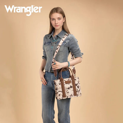 Wrangler Dual Sided Camo Print Small Canvas Tote/Crossbody in Camo Brown
