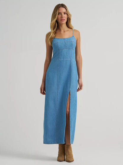 Wrangler Retro Women's Denim Slit Front Maxi Dress in Mid Denim