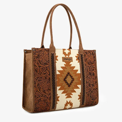 Wrangler Tooled Aztec Knitted Concealed Carry Wide Tote in Brown